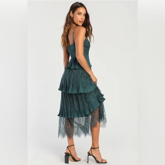 Lulus Tier For The Romance Emerald Green Tiered Lace Midi Dress - Picture 3 of 3